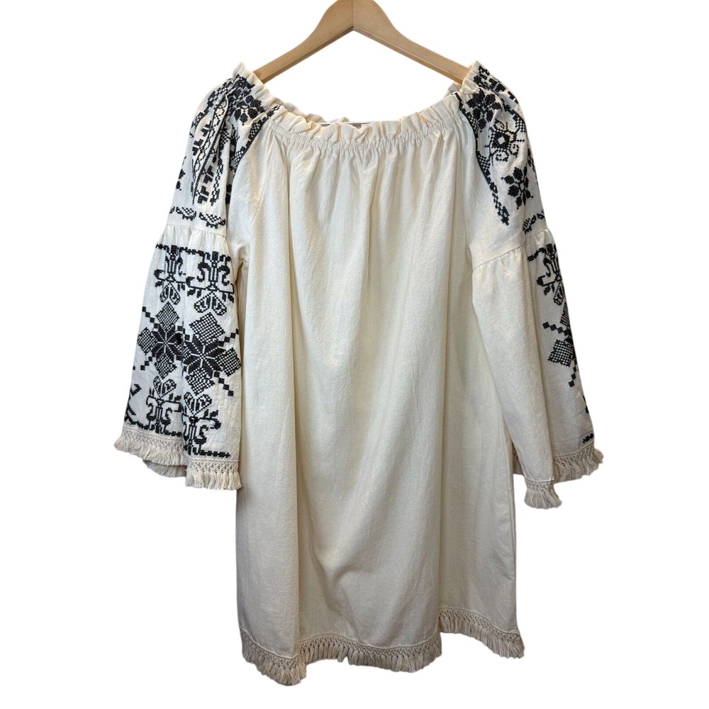 Velzera Tunic Dress Women 1XL Cream Embroidered Fringe Boho Peasant